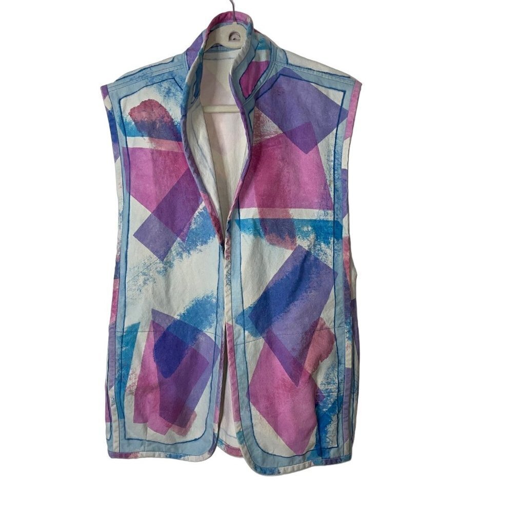 Vintage 1980s Womens Vest Size Large Custom Made Heavy Cotton Colorblock Signed